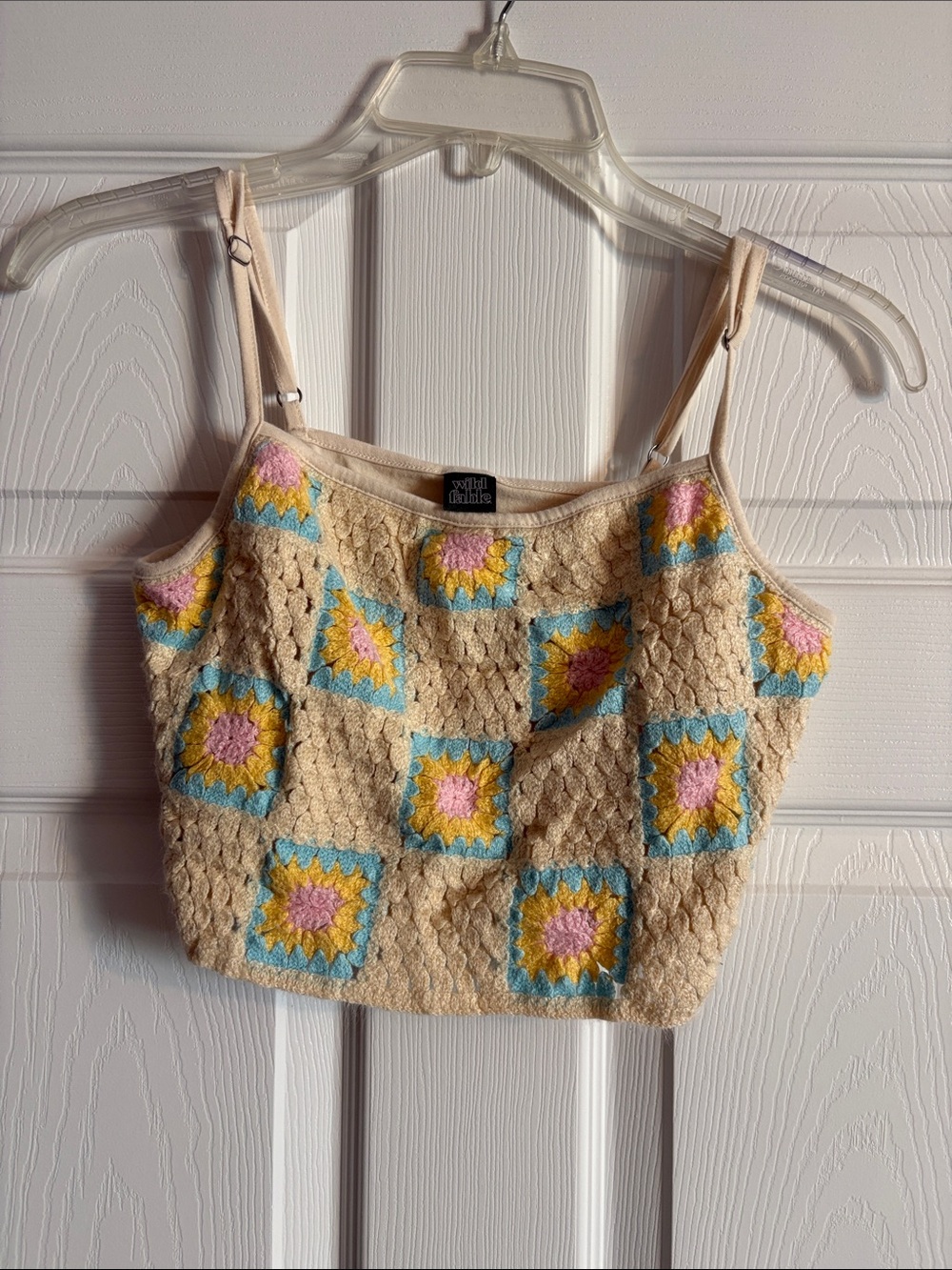 Wild Fable Beige Crochet Square-Pattern Crop Tank Top